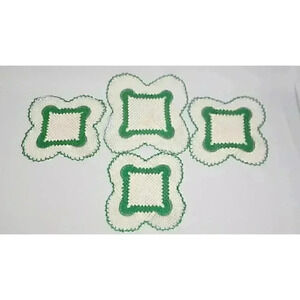 Vtg Set 4 Doilies Hand Crocheted Knitted‎ Linen Apple Green Scalloped Kitsch